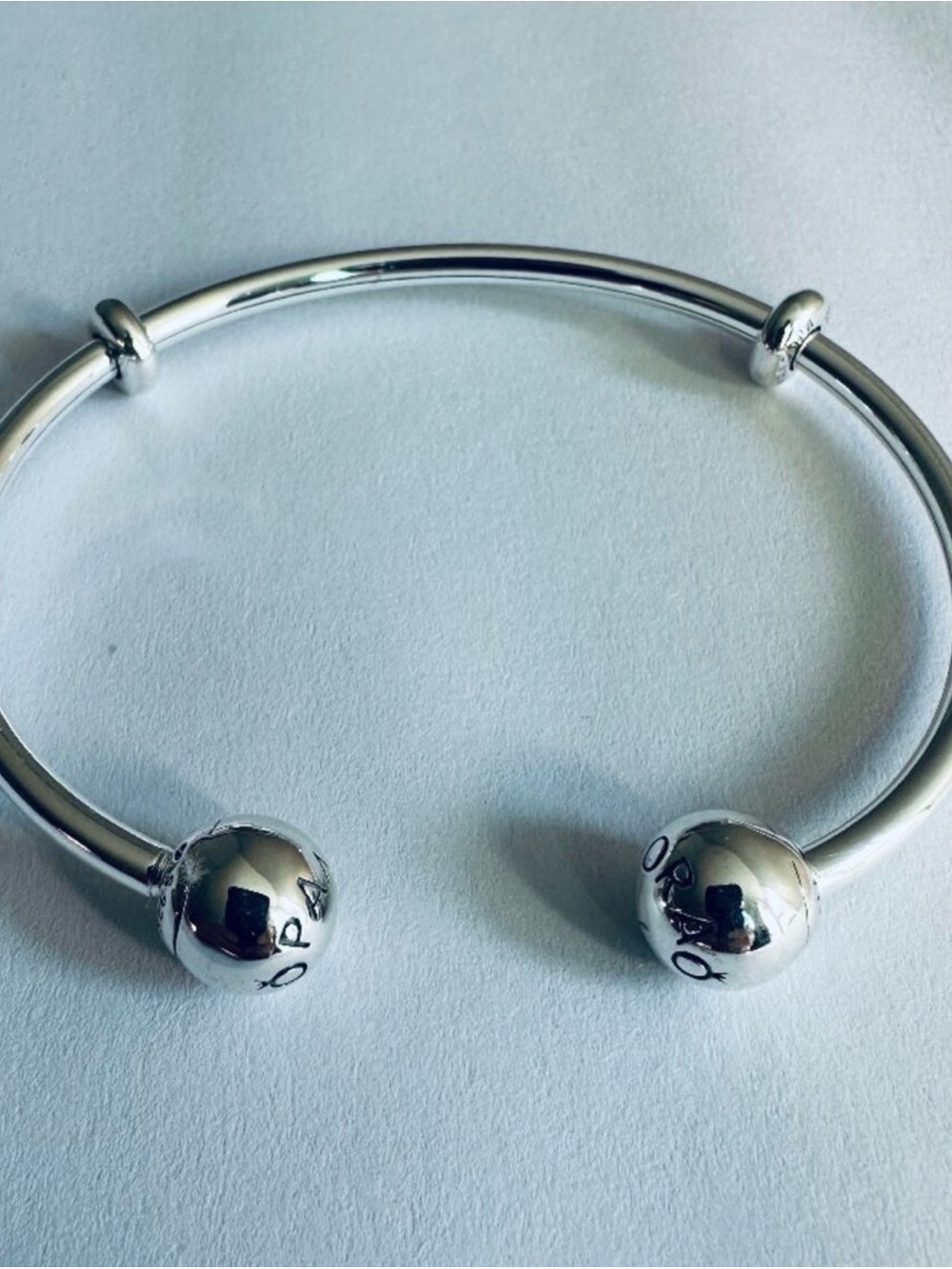Pandora Silver Open Bangle Bracelet with Bead Ends Size 2 medium wrist 6-6.7”